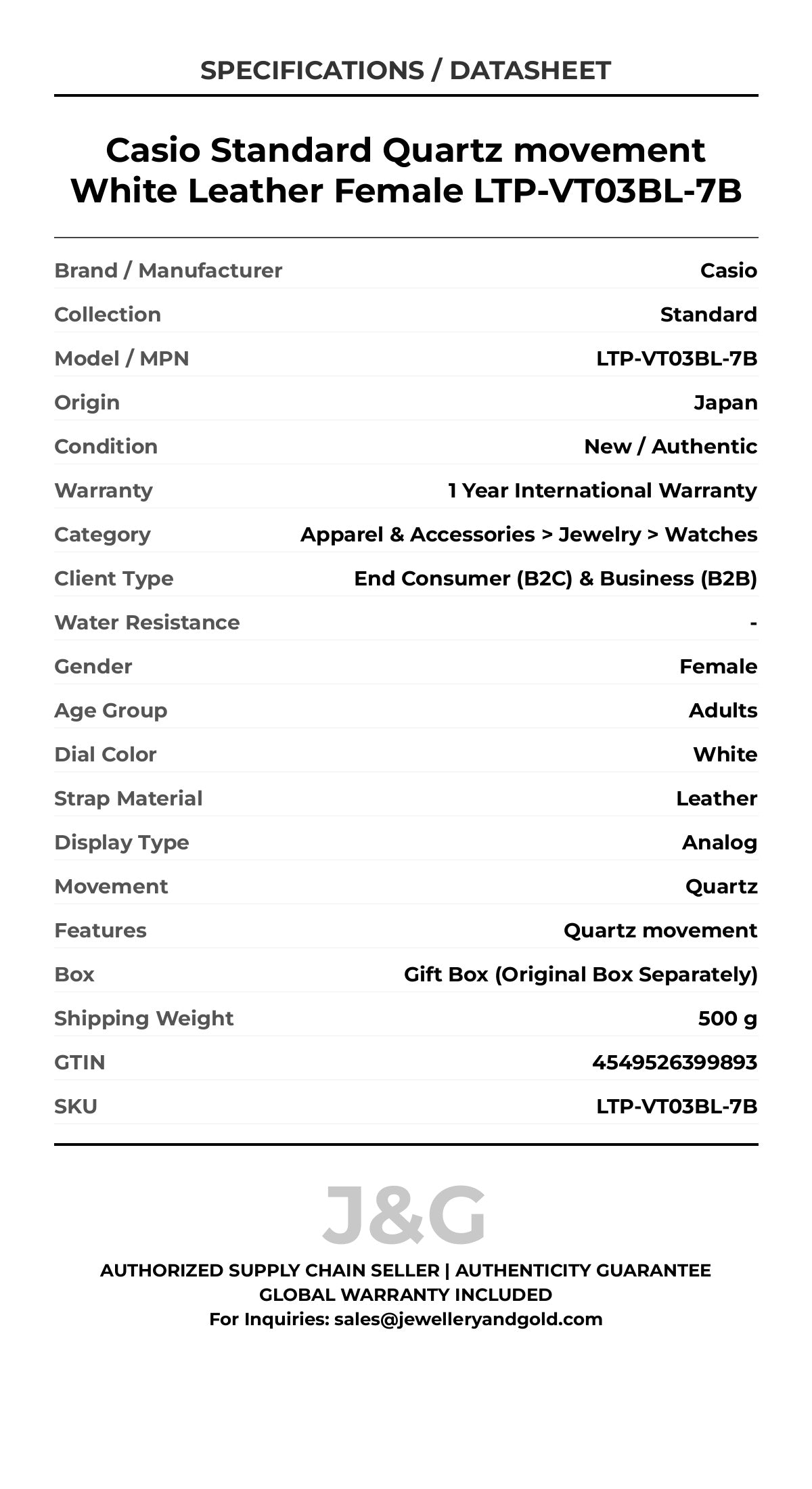 Casio Standard Quartz movement White Leather Female LTP-VT03BL-7B - Specifications