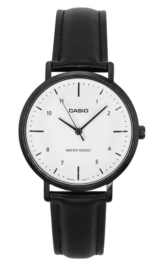 Casio Standard Quartz movement White Leather Female LTP-VT03BL-7B. A brand-new Casio Standard watch featuring a White dial and a Leather strap. Angled view.