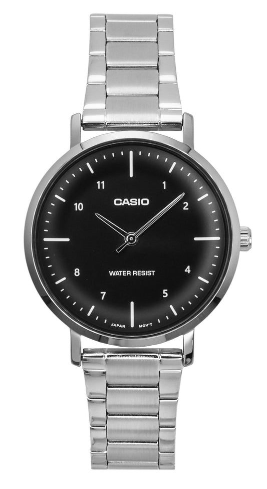 Casio Standard Deployment clasp Black Stainless steel Female LTP-VT03D-1B. A brand-new Casio Standard watch featuring a Black dial and a Stainless steel strap. Side view.