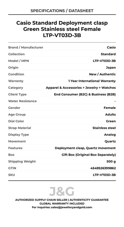 Casio Standard Deployment clasp Green Stainless steel Female LTP-VT03D-3B - Specifications