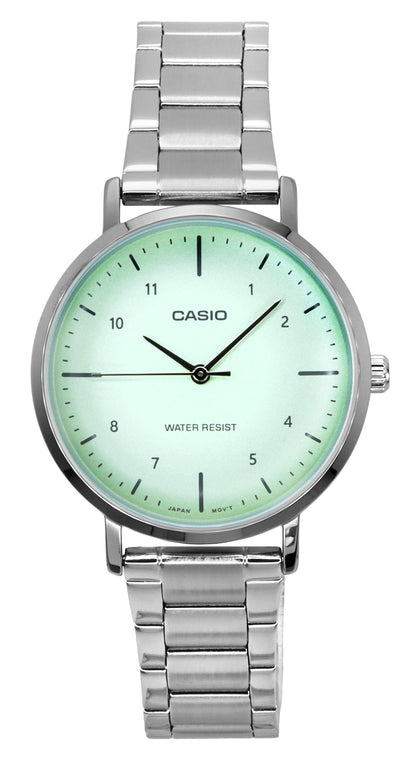 Casio Standard Deployment clasp Green Stainless steel Female LTP-VT03D-3B. A brand-new Casio Standard watch featuring a Green dial and a Stainless steel strap. Front view.
