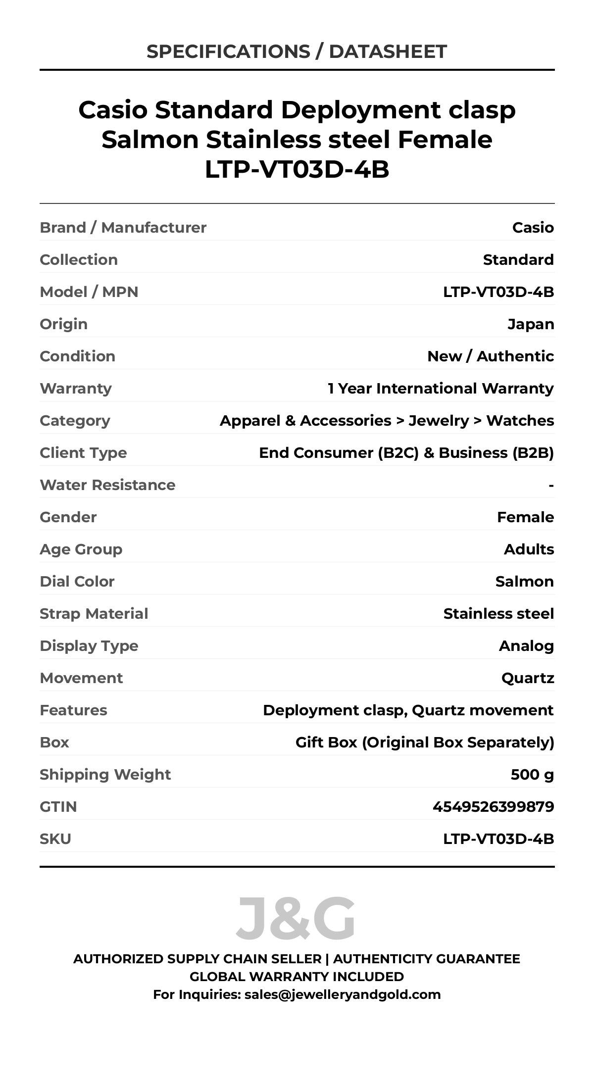 Casio Standard Deployment clasp Salmon Stainless steel Female LTP-VT03D-4B - Specifications