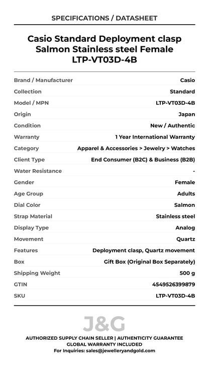 Casio Standard Deployment clasp Salmon Stainless steel Female LTP-VT03D-4B - Specifications