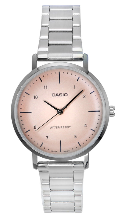 Casio Standard Deployment clasp Salmon Stainless steel Female LTP-VT03D-4B. A brand-new Casio Standard watch featuring a Salmon dial and a Stainless steel strap. Front view.