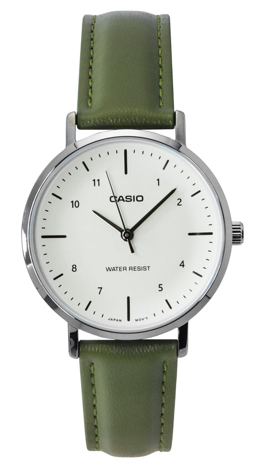 Casio Standard Quartz movement Beige Leather Female LTP-VT03L-3B. A brand-new Casio Standard watch featuring a Beige dial and a Leather strap. Angled view.