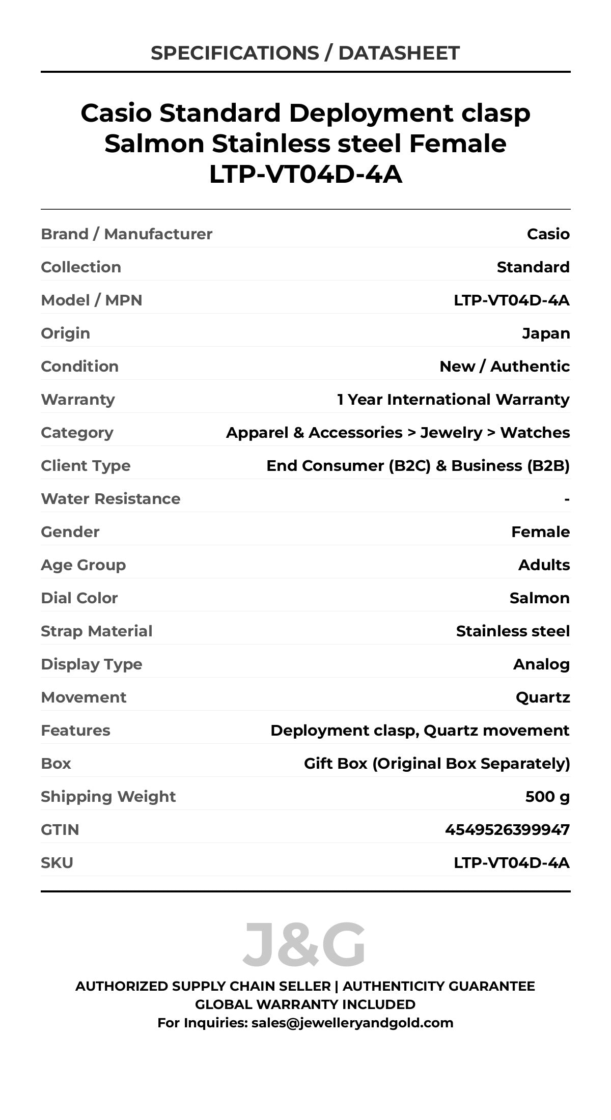 Casio Standard Deployment clasp Salmon Stainless steel Female LTP-VT04D-4A - Specifications