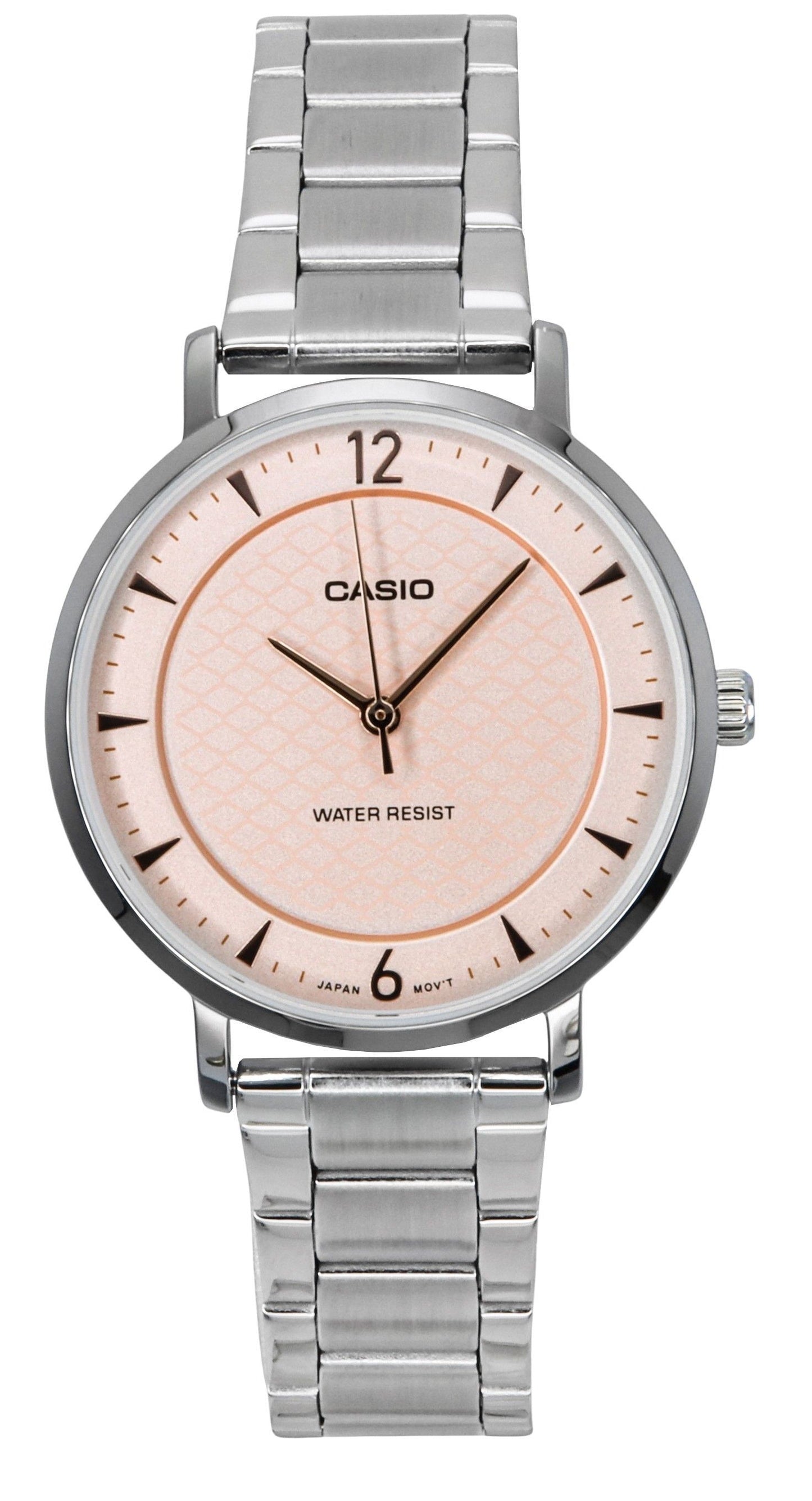 Casio Standard Deployment clasp Salmon Stainless steel Female LTP-VT04D-4A. A brand-new Casio Standard watch featuring a Salmon dial and a Stainless steel strap. Side view.