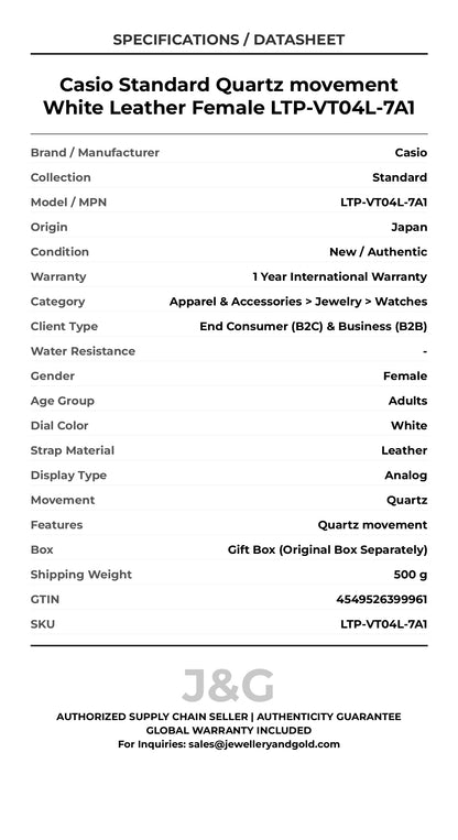 Casio Standard Quartz movement White Leather Female LTP-VT04L-7A1 - Specifications