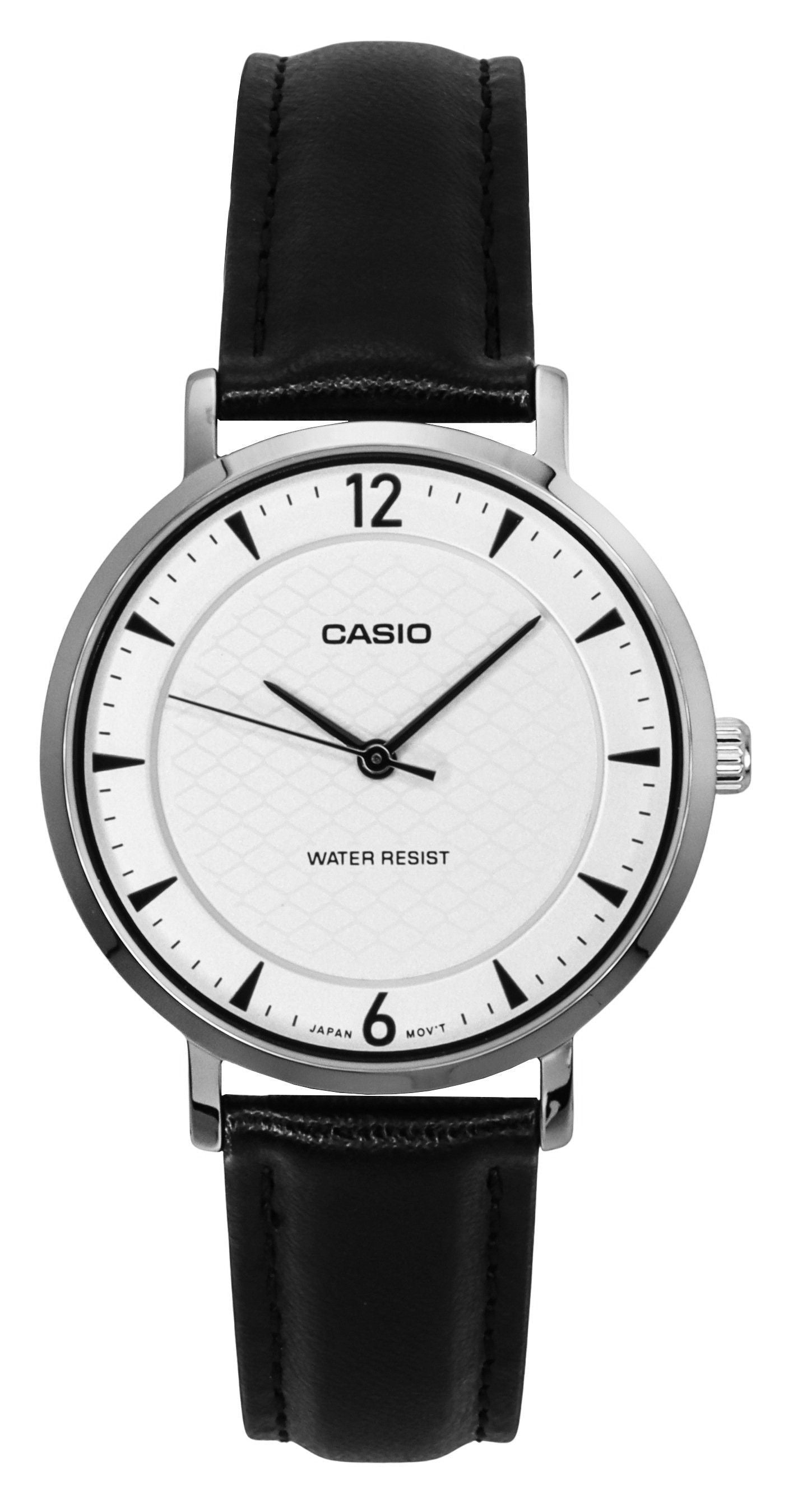 Casio Standard Quartz movement White Leather Female LTP-VT04L-7A2. A brand-new Casio Standard watch featuring a White dial and a Leather strap. Side view.