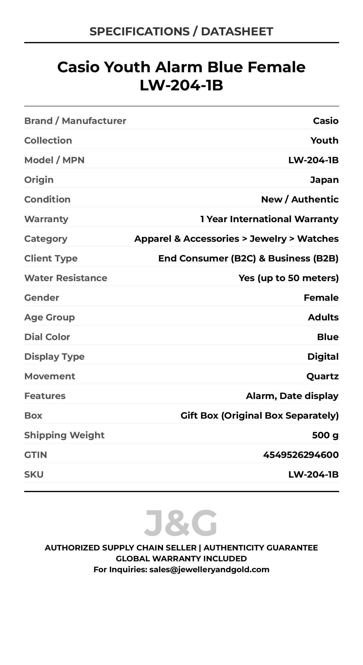 Casio Youth Alarm Blue Female LW-204-1B - Specifications