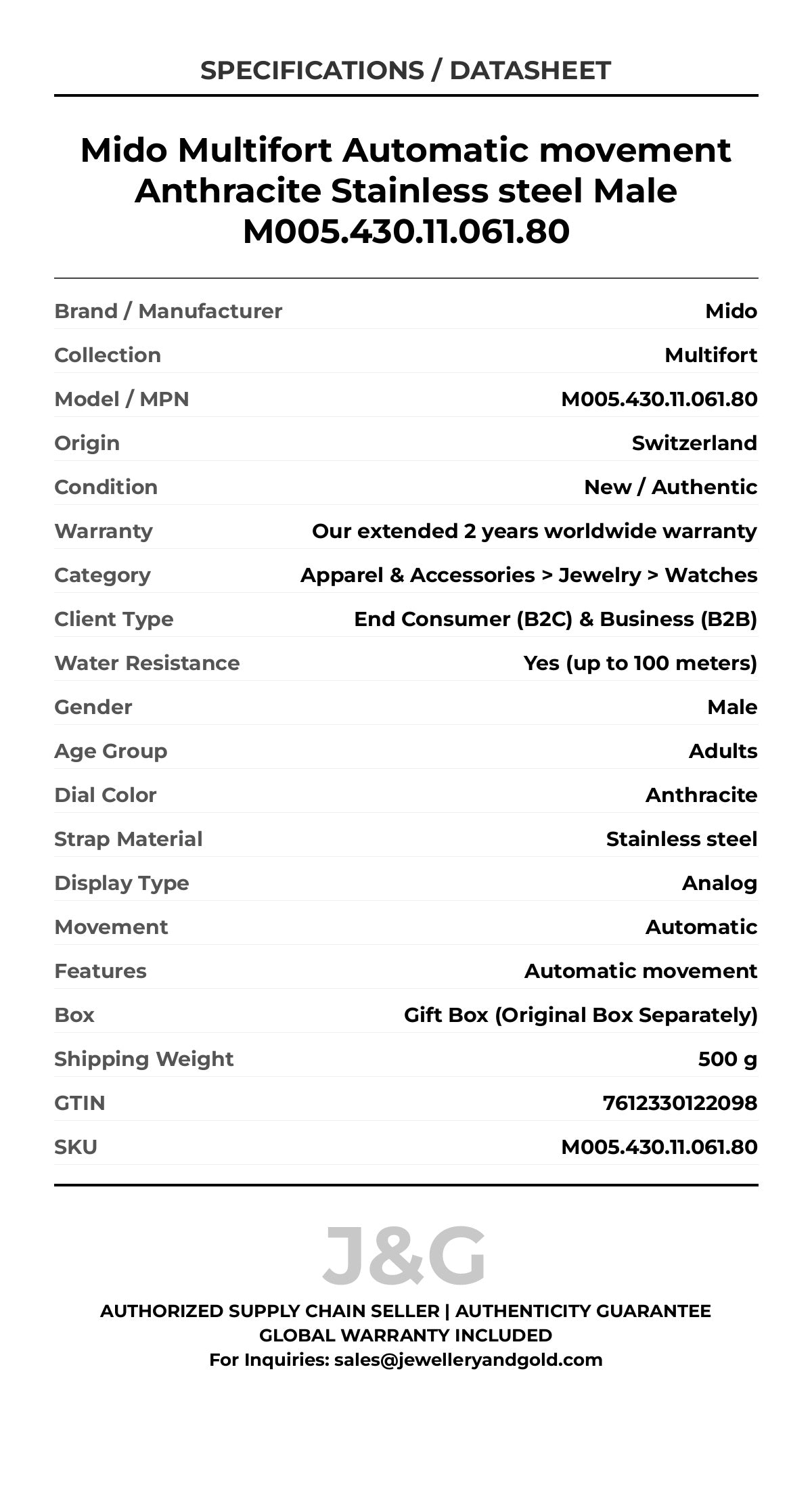 Mido Multifort Automatic movement Anthracite Stainless steel Male M005.430.11.061.80 - Specifications