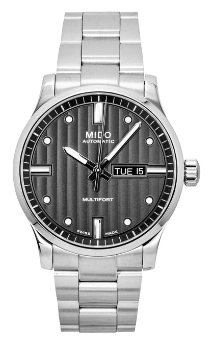 Mido Multifort Automatic movement Anthracite Stainless steel Male M005.430.11.061.80. A brand-new Mido Multifort watch featuring a Anthracite dial and a Stainless steel strap. Angled view.