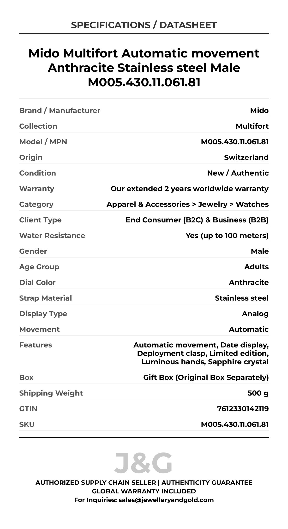 Mido Multifort Automatic movement Anthracite Stainless steel Male M005.430.11.061.81 - Specifications
