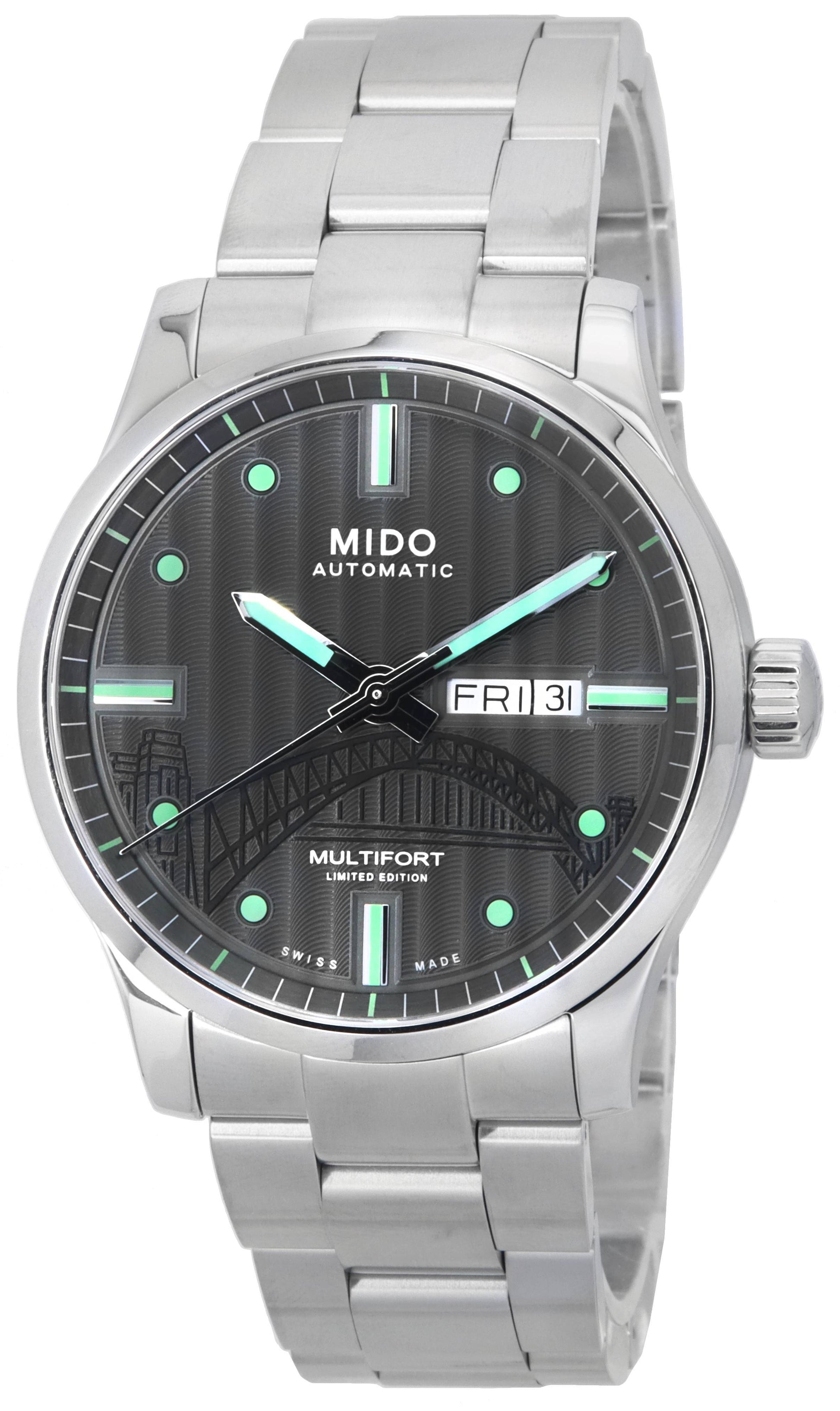 Mido Multifort Automatic movement Anthracite Stainless steel Male M005.430.11.061.81. A brand-new Mido Multifort watch featuring a Anthracite dial and a Stainless steel strap. Angled view.