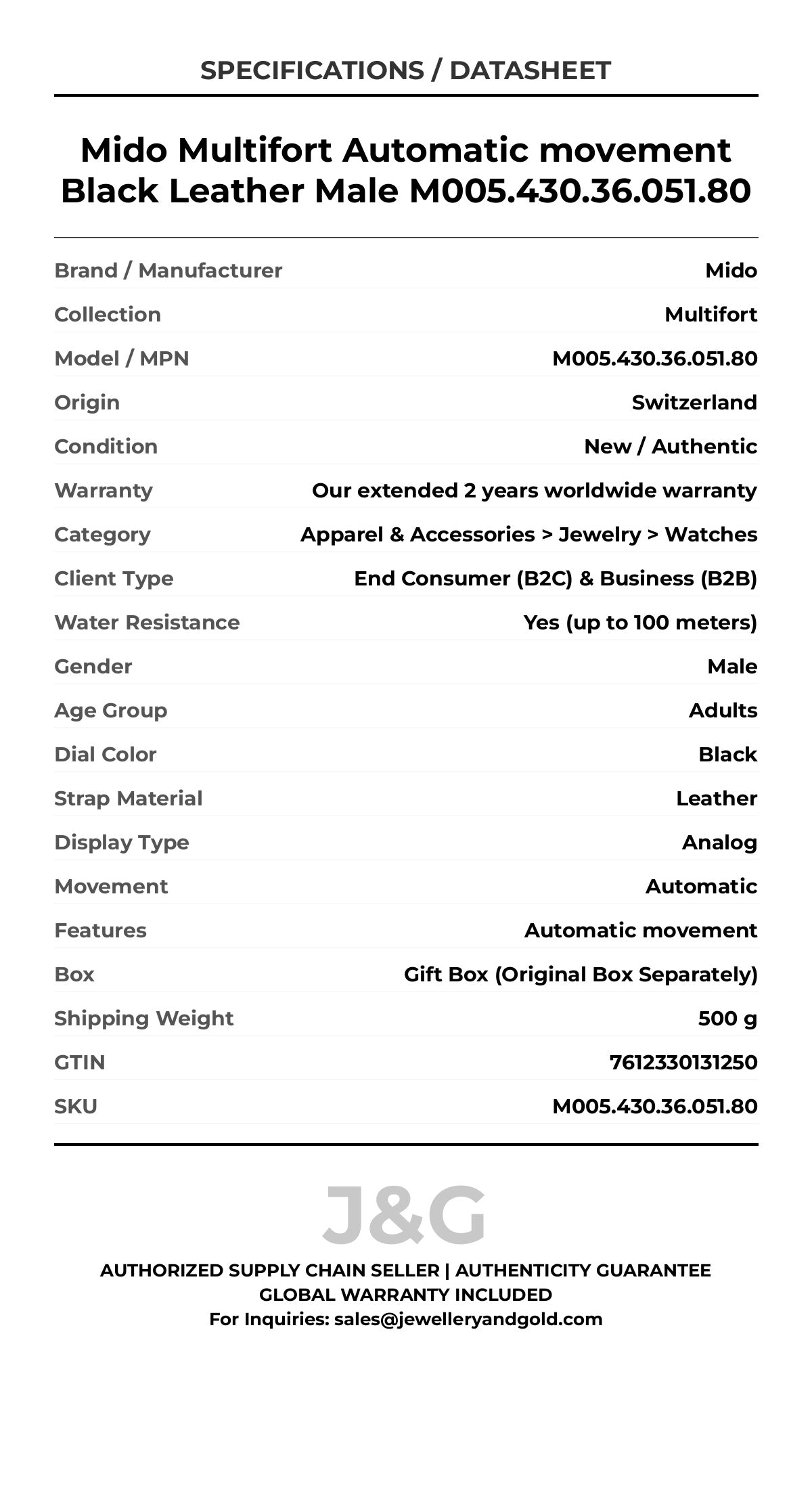 Mido Multifort Automatic movement Black Leather Male M005.430.36.051.80 - Specifications