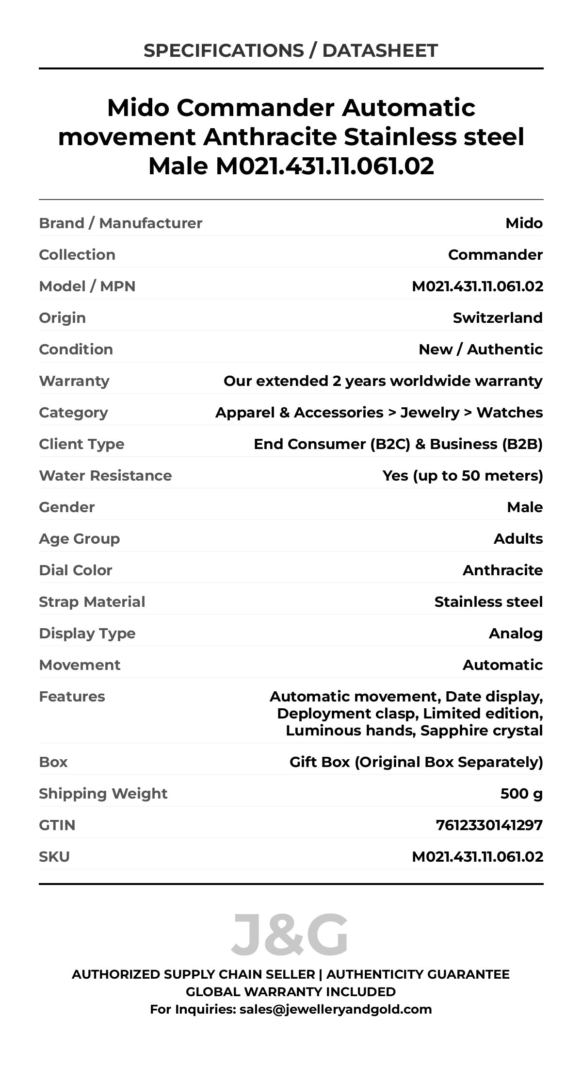 Mido Commander Automatic movement Anthracite Stainless steel Male M021.431.11.061.02 - Specifications