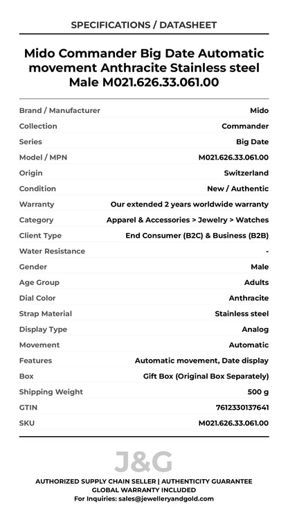 Mido Commander Big Date Automatic movement Anthracite Stainless steel Male M021.626.33.061.00 - Specifications