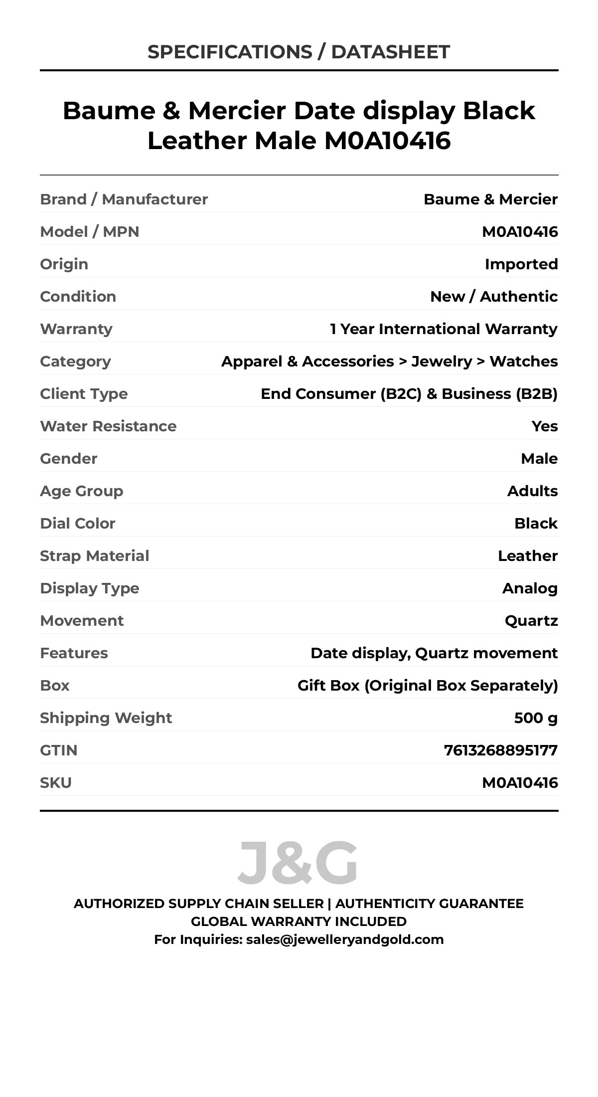 Baume & Mercier Date display Black Leather Male M0A10416 - Specifications