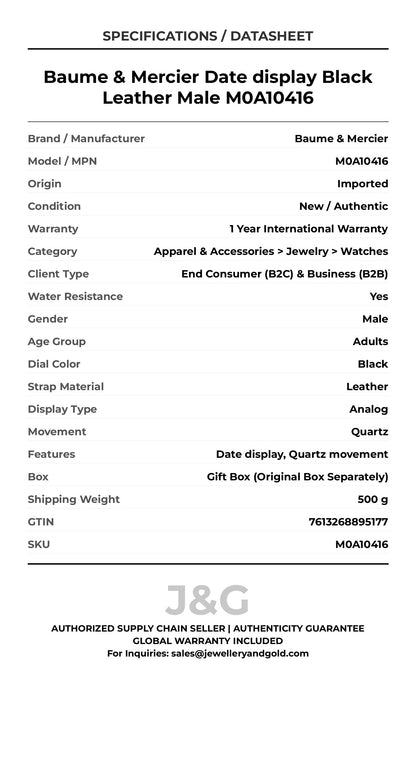 Baume & Mercier Date display Black Leather Male M0A10416 - Specifications