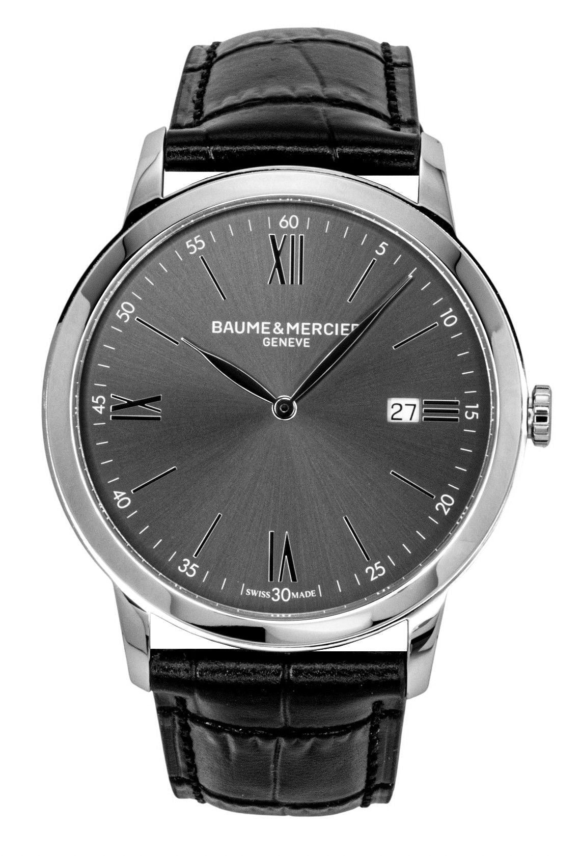 Baume & Mercier Date display Black Leather Male M0A10416. A brand-new Baume & Mercier watch featuring a Black dial and a Leather strap. Angled view.