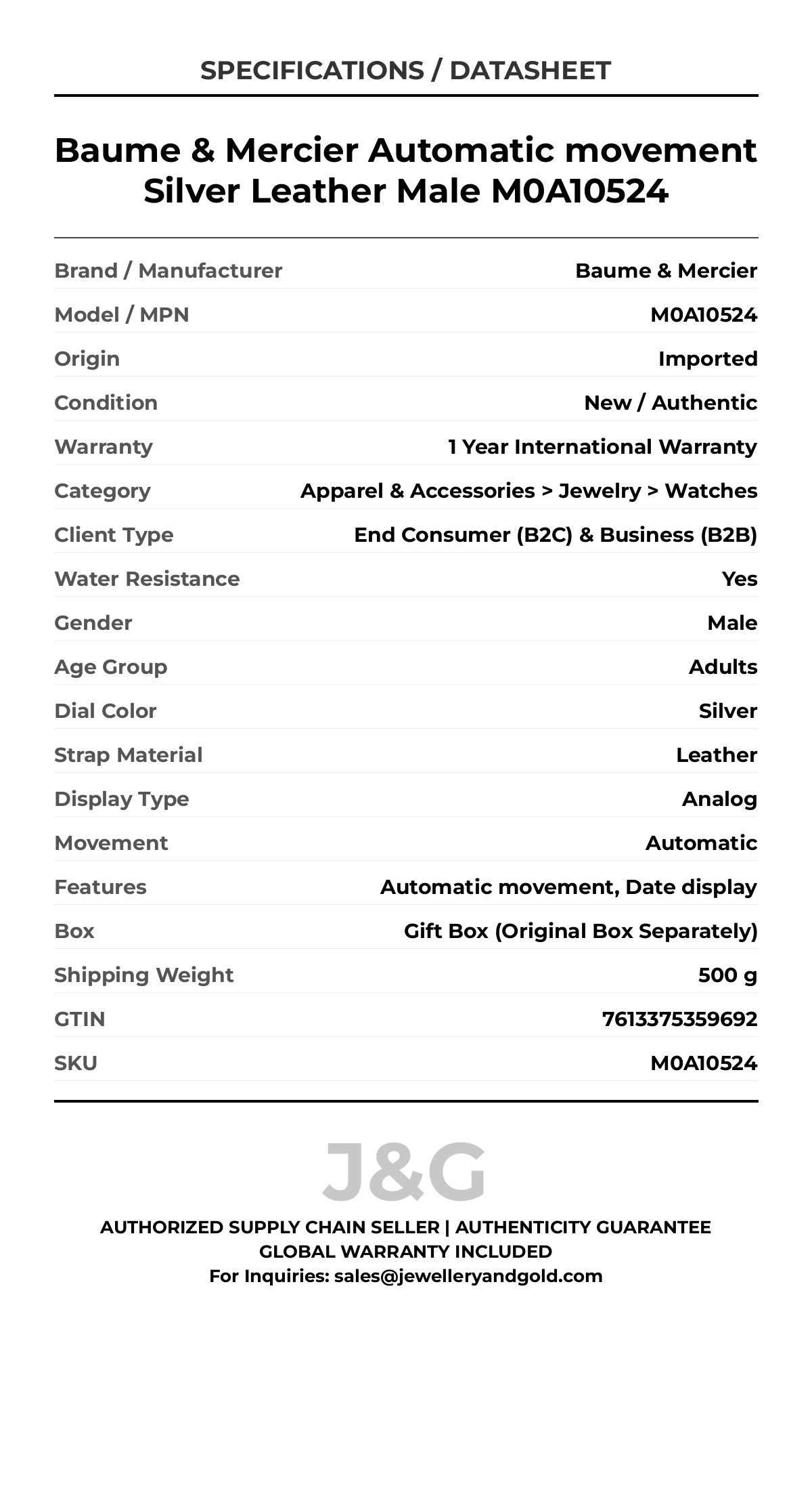 Baume & Mercier Automatic movement Silver Leather Male M0A10524 - Specifications