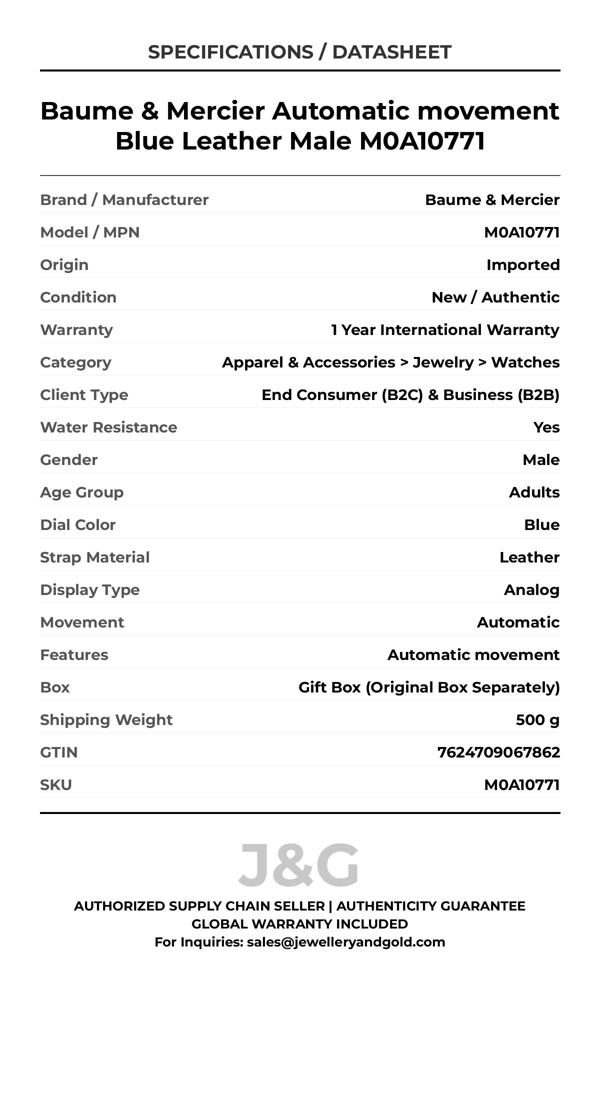 Baume & Mercier Automatic movement Blue Leather Male M0A10771 - Specifications