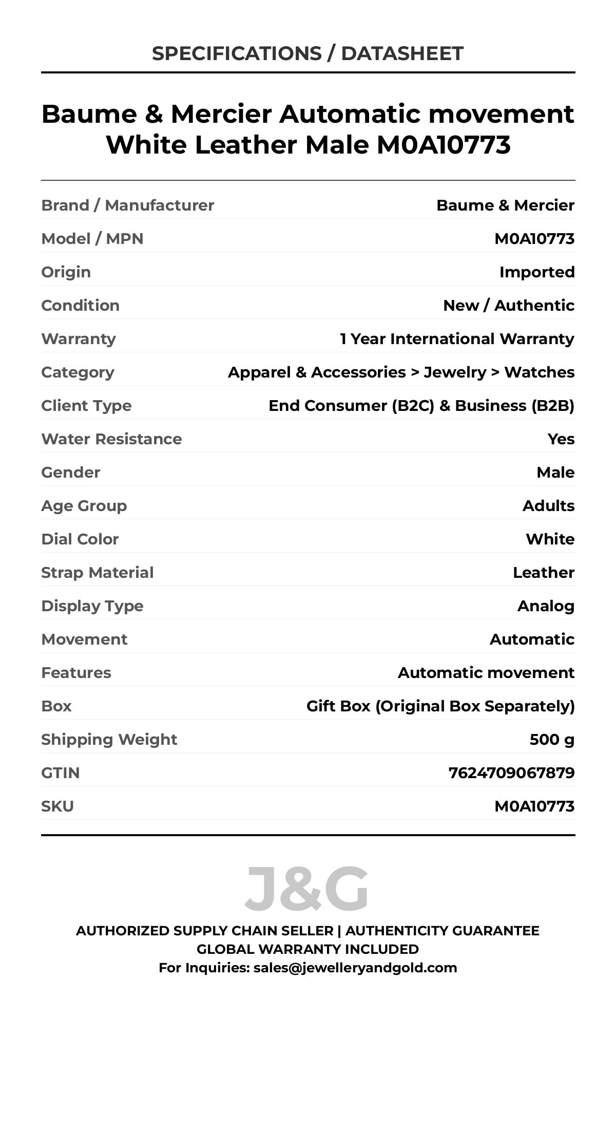 Baume & Mercier Automatic movement White Leather Male M0A10773 - Specifications