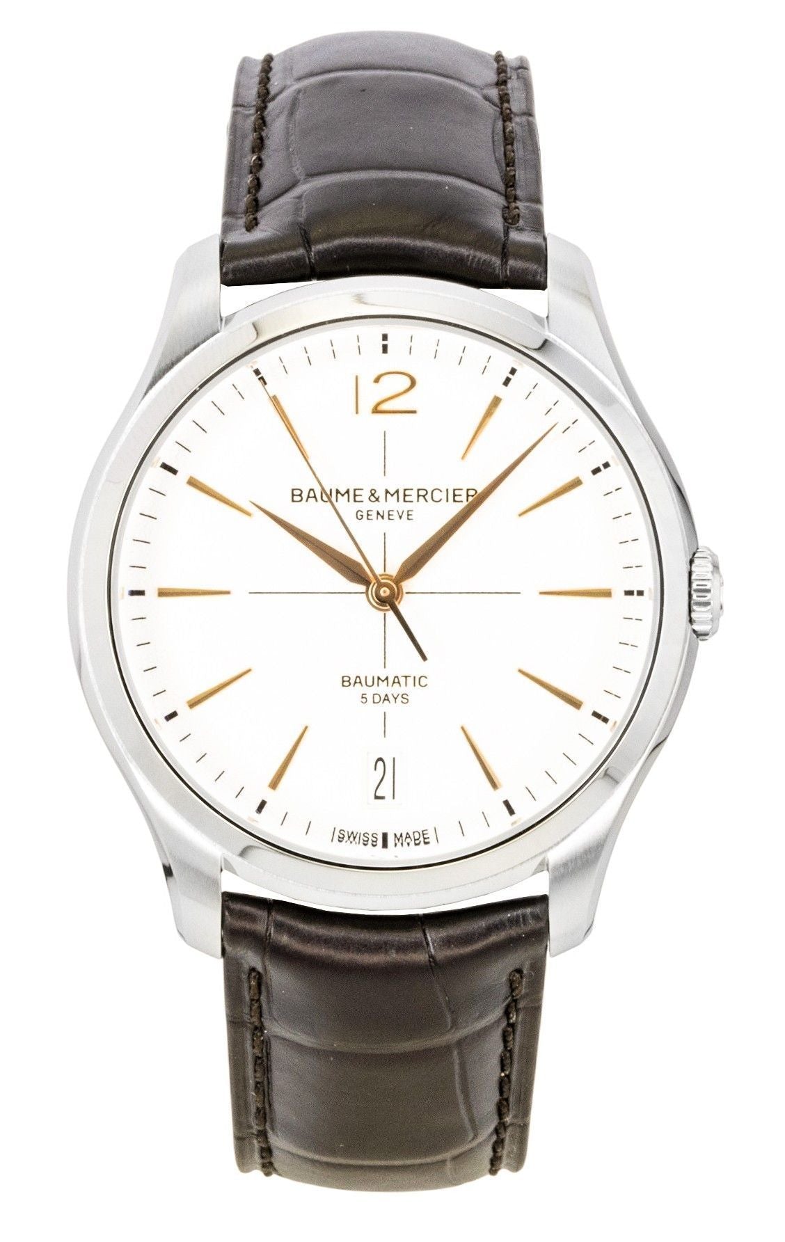 Baume & Mercier Automatic movement White Leather Male M0A10773. A brand-new Baume & Mercier watch featuring a White dial and a Leather strap. Side view.