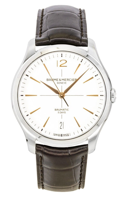 Baume & Mercier Automatic movement White Leather Male M0A10773. A brand-new Baume & Mercier watch featuring a White dial and a Leather strap. Side view.