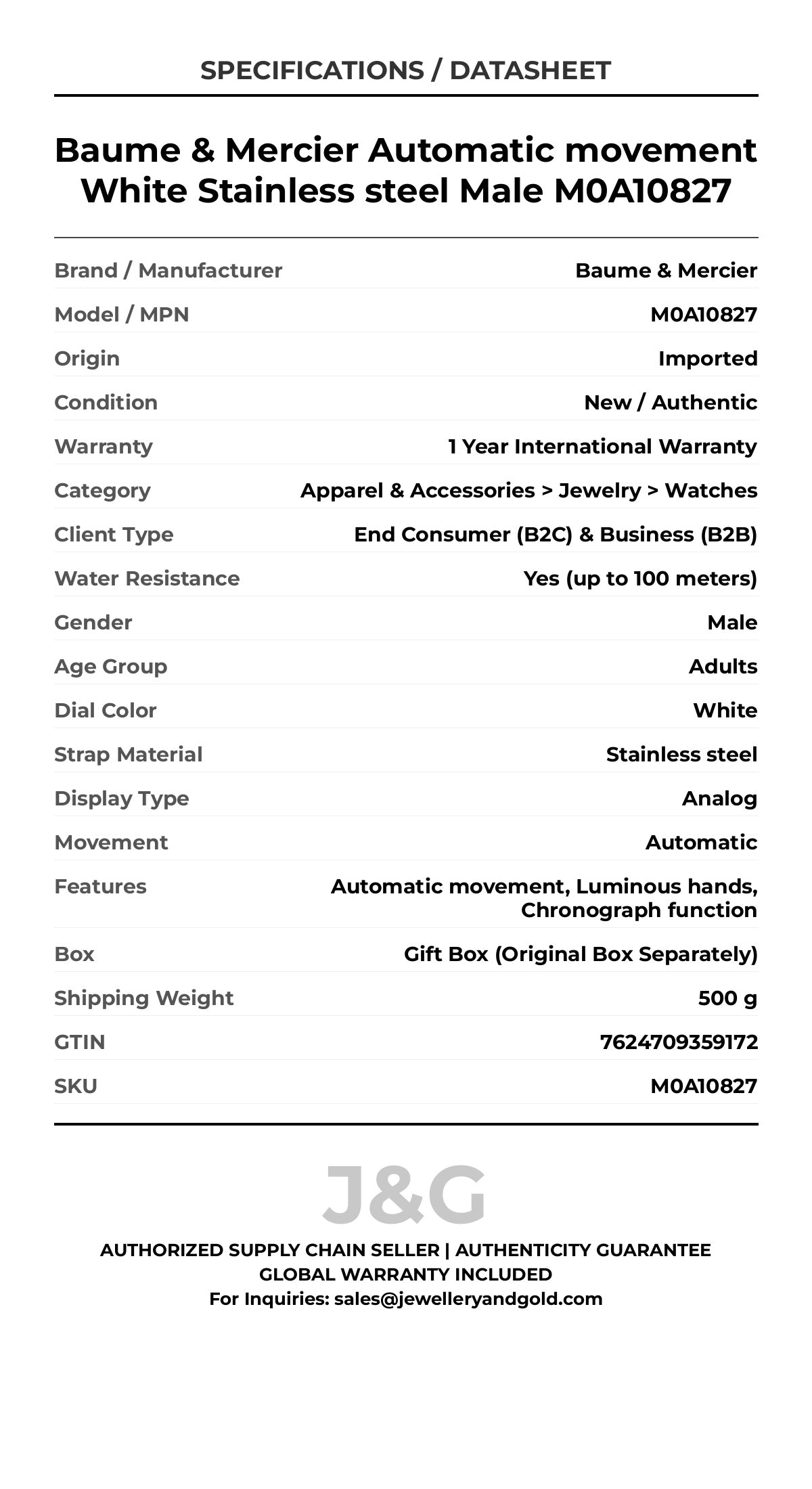 Baume & Mercier Automatic movement White Stainless steel Male M0A10827 - Specifications
