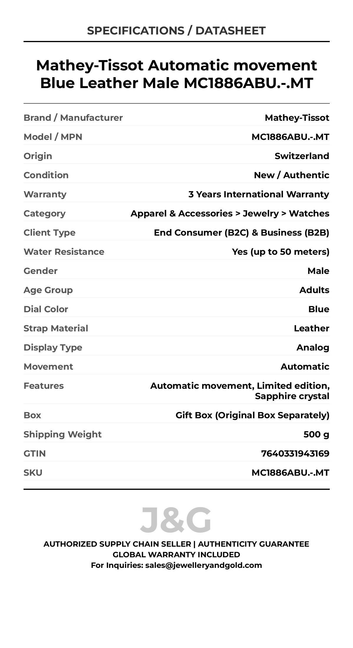 Mathey-Tissot Automatic movement Blue Leather Male MC1886ABU.-.MT - Specifications