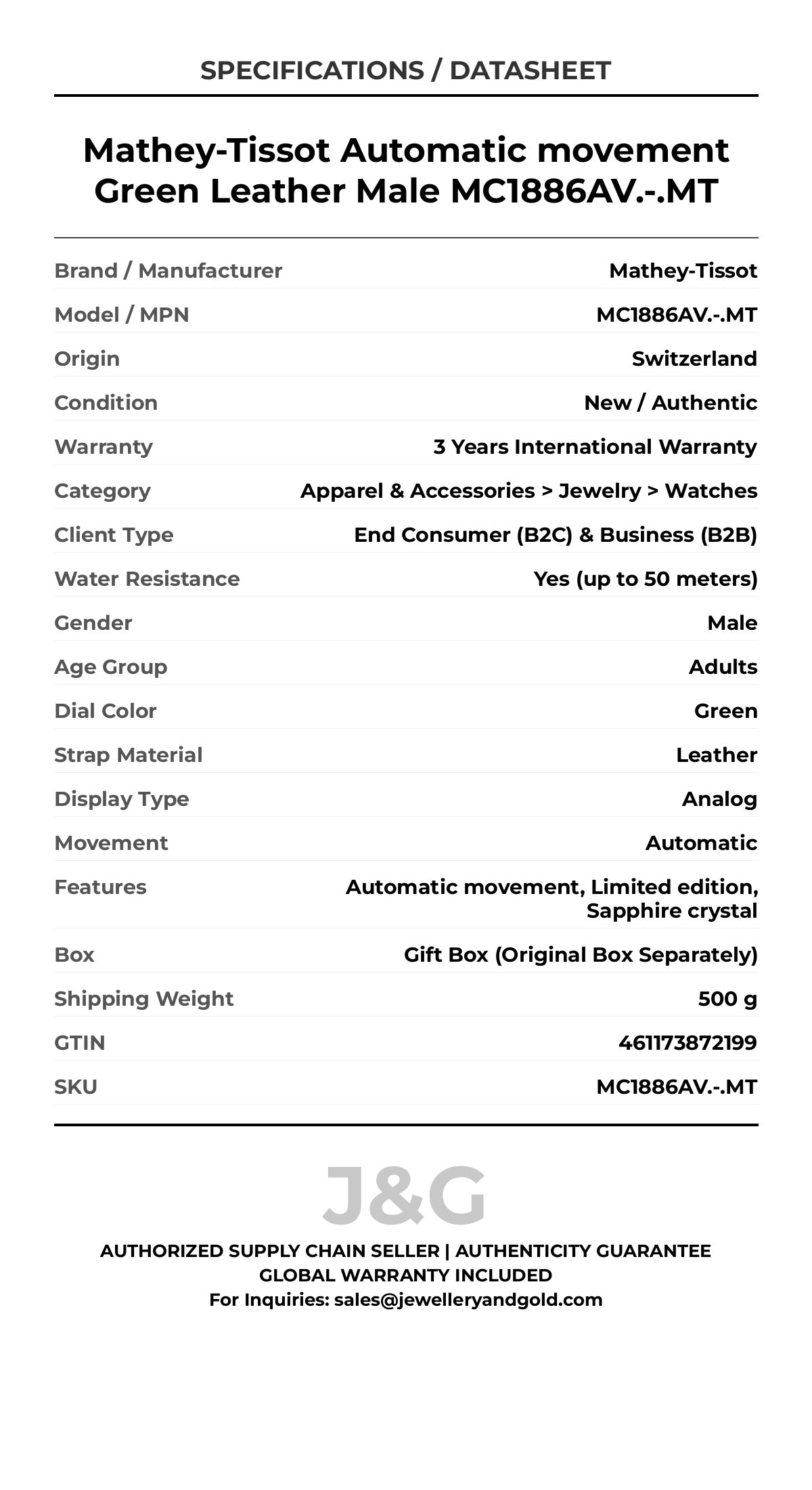Mathey-Tissot Automatic movement Green Leather Male MC1886AV.-.MT - Specifications