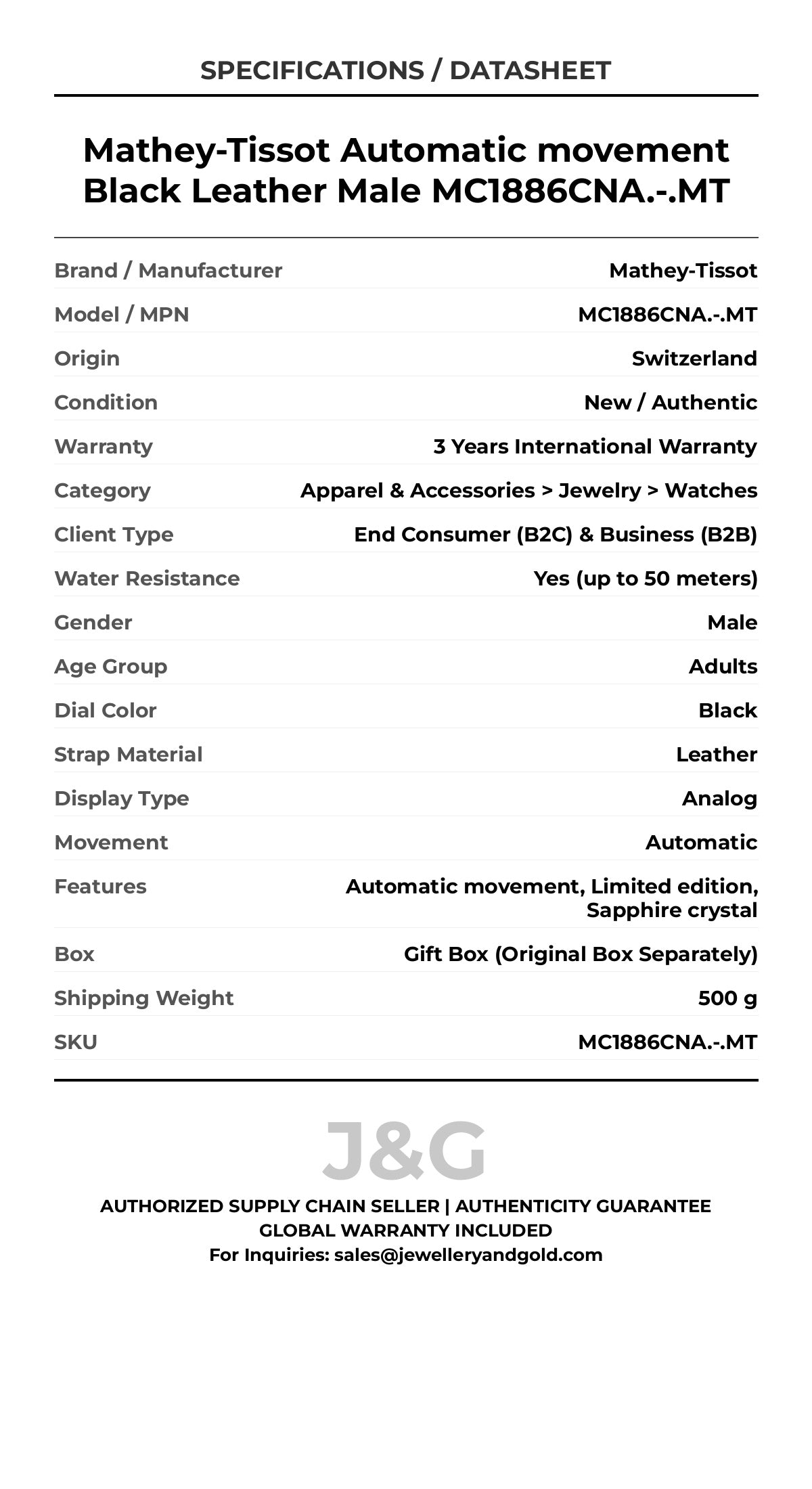 Mathey-Tissot Automatic movement Black Leather Male MC1886CNA.-.MT - Specifications