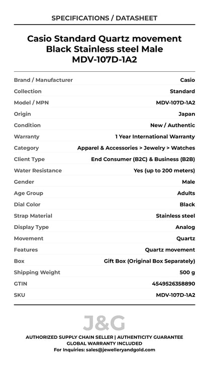 Casio Standard Quartz movement Black Stainless steel Male MDV-107D-1A2 - Specifications