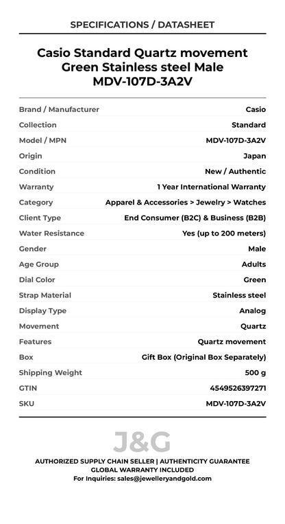 Casio Standard Quartz movement Green Stainless steel Male MDV-107D-3A2V - Specifications