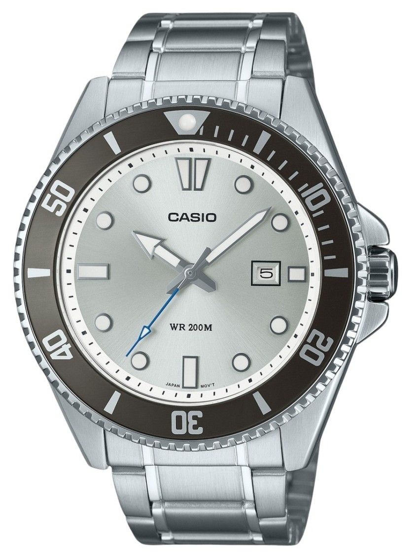 Casio Standard Quartz movement Silver Stainless steel Male MDV-107D-7AV. A brand-new Casio Standard watch featuring a Silver dial and a Stainless steel strap. Front view.