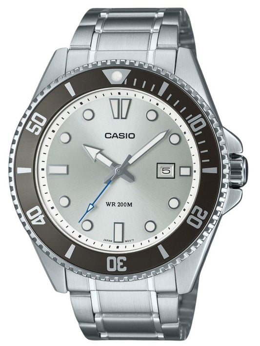 Casio Standard Quartz movement Silver Stainless steel Male MDV-107D-7AV. A brand-new Casio Standard watch featuring a Silver dial and a Stainless steel strap. Front view.