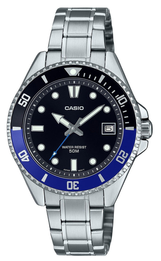 Casio Standard Quartz movement Black Stainless steel Male MDV-10D-1A2. A brand-new Casio Standard watch featuring a Black dial and a Stainless steel strap. Front view.