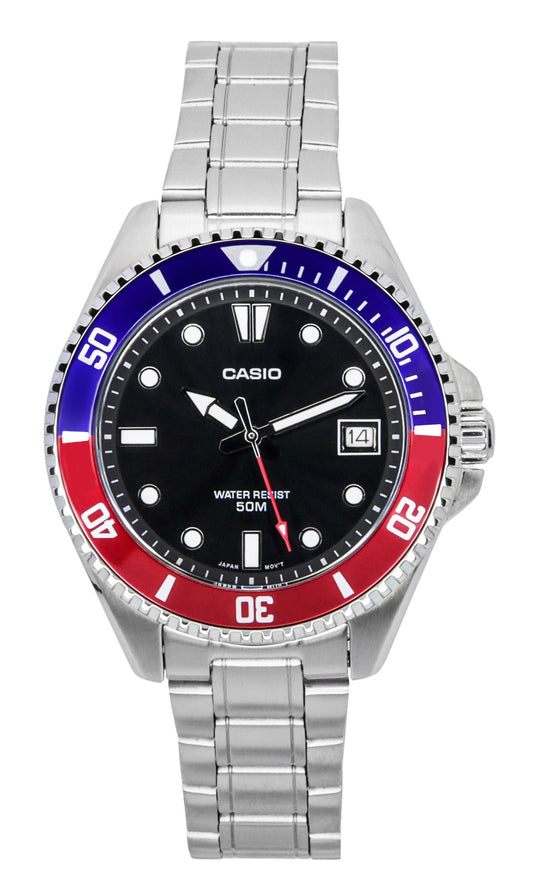 Casio Standard Quartz movement Black Stainless steel Male MDV-10D-1A3. A brand-new Casio Standard watch featuring a Black dial and a Stainless steel strap. Angled view.