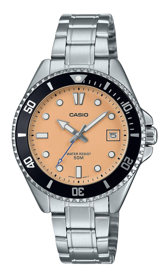 Casio Standard Quartz movement Salmon Stainless steel Male MDV-10D-4A2V. A brand-new Casio Standard watch featuring a Salmon dial and a Stainless steel strap. Side view.