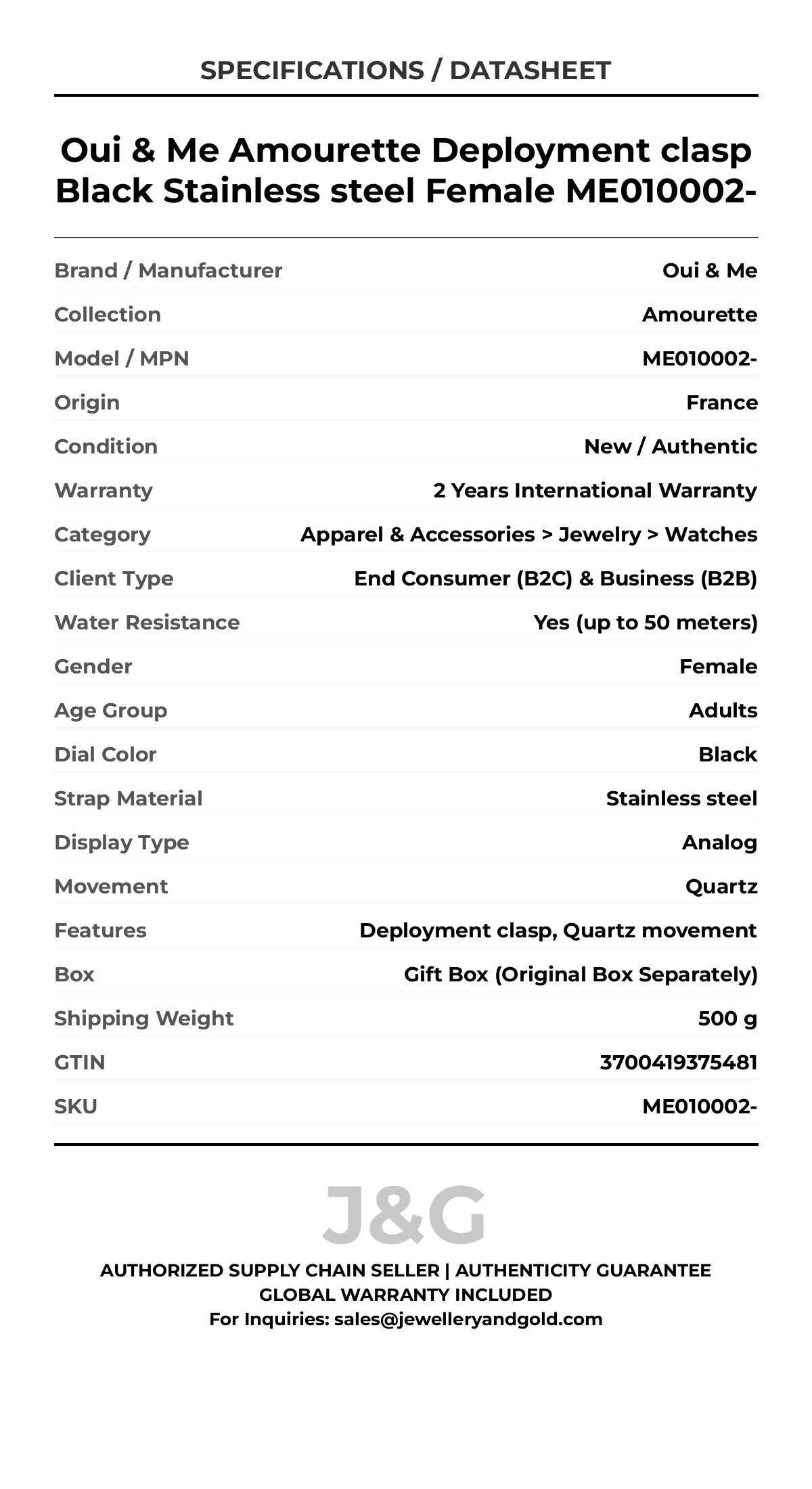 Oui & Me Amourette Deployment clasp Black Stainless steel Female ME010002- - Specifications