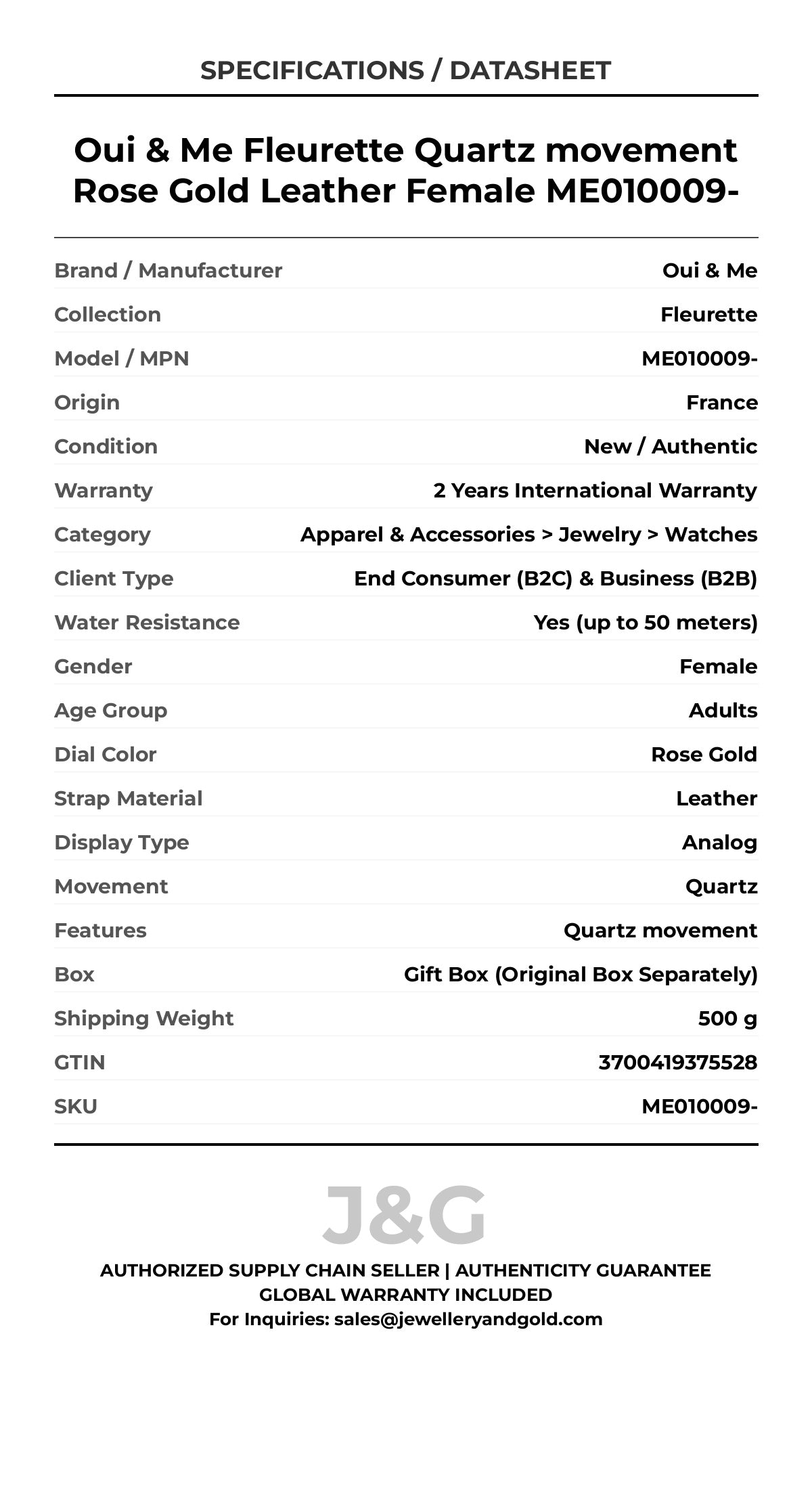 Oui & Me Fleurette Quartz movement Rose Gold Leather Female ME010009- - Specifications