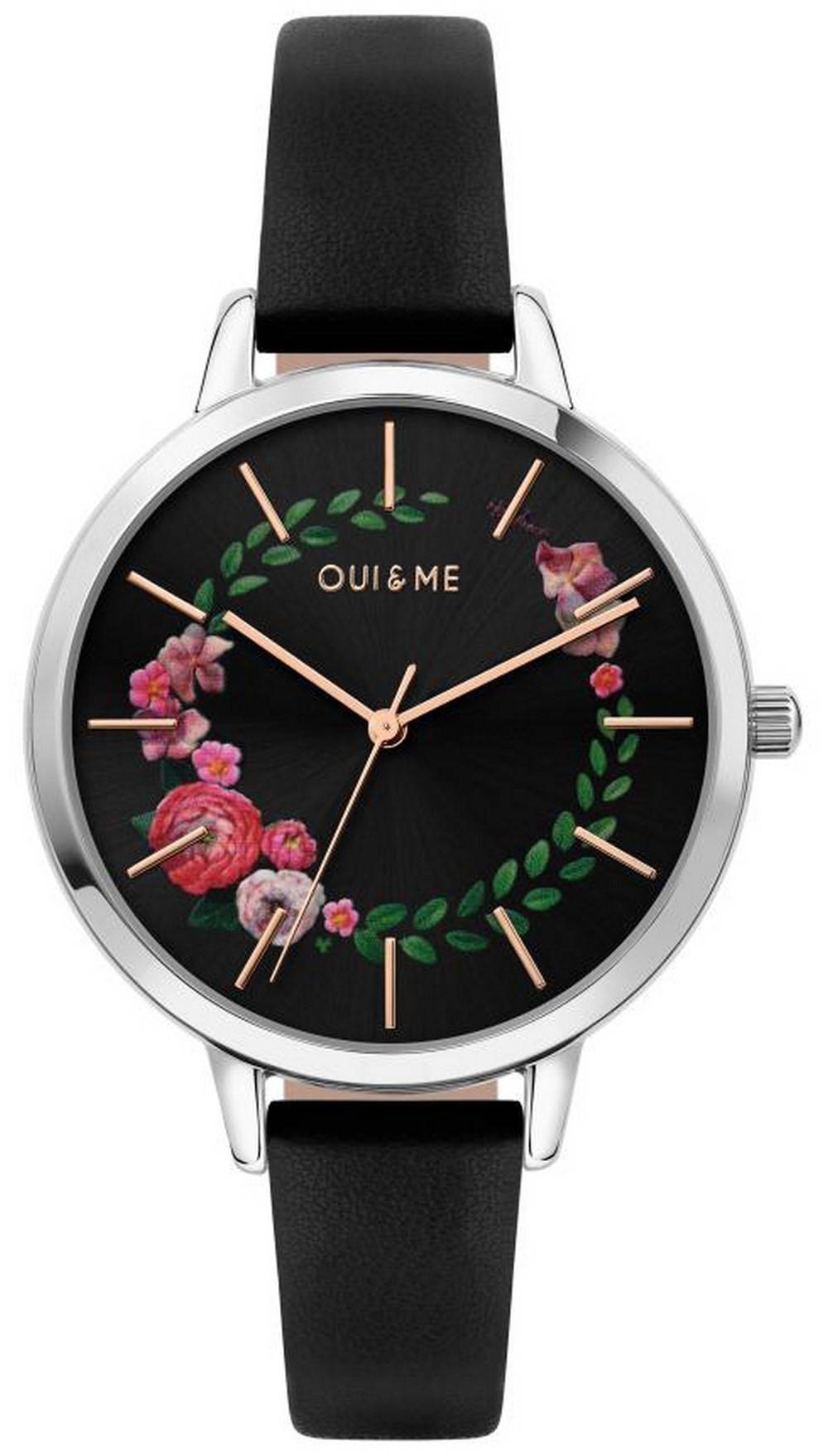 Oui & Me Fleurette Quartz movement Black Leather Female ME010033-. A brand-new Oui & Me Fleurette watch featuring a Black dial and a Leather strap. Front view.