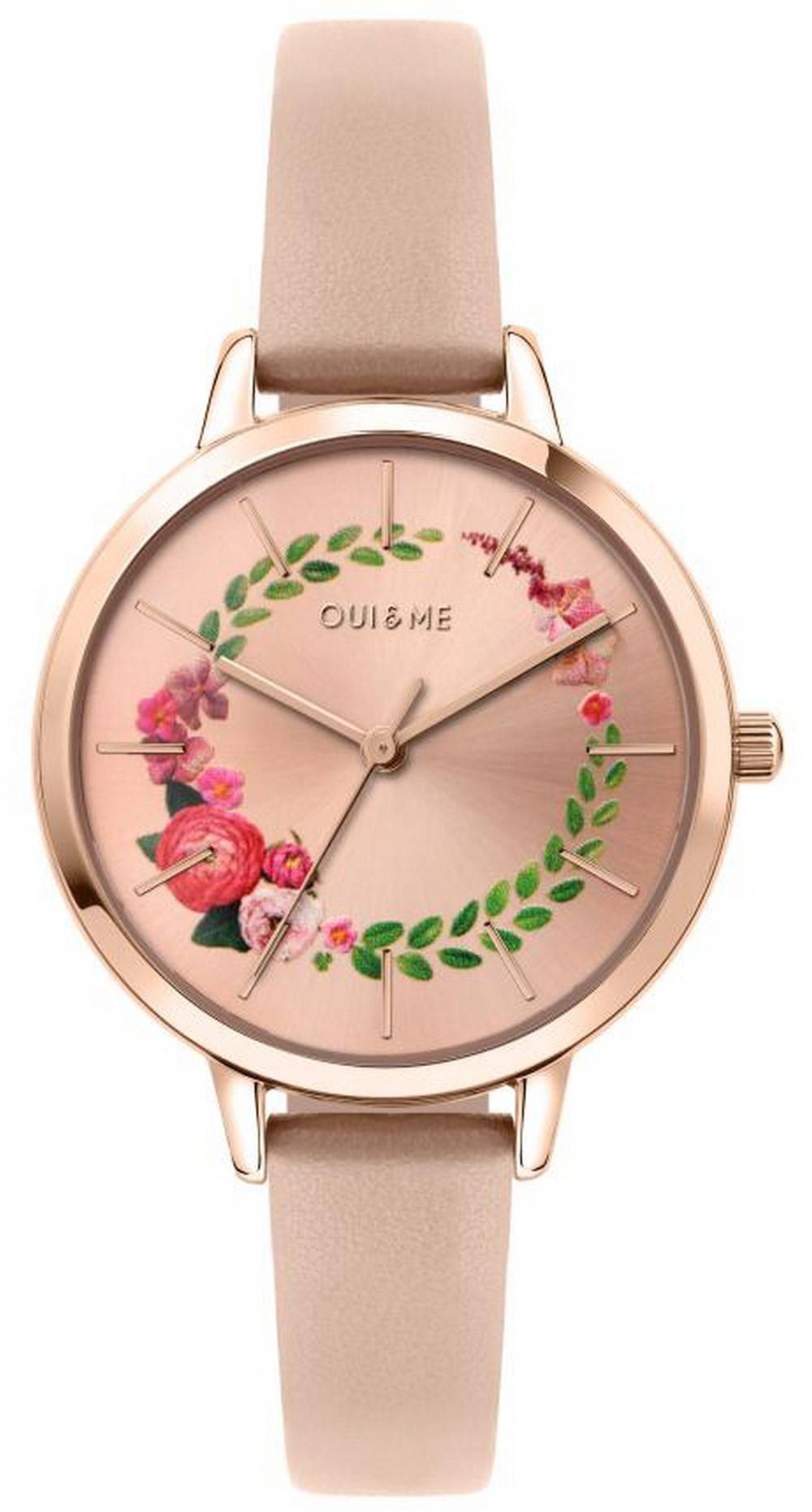 Oui & Me Fleurette Quartz movement Rose Gold Leather Female ME010038-. A brand-new Oui & Me Fleurette watch featuring a Rose Gold dial and a Leather strap. Angled view.