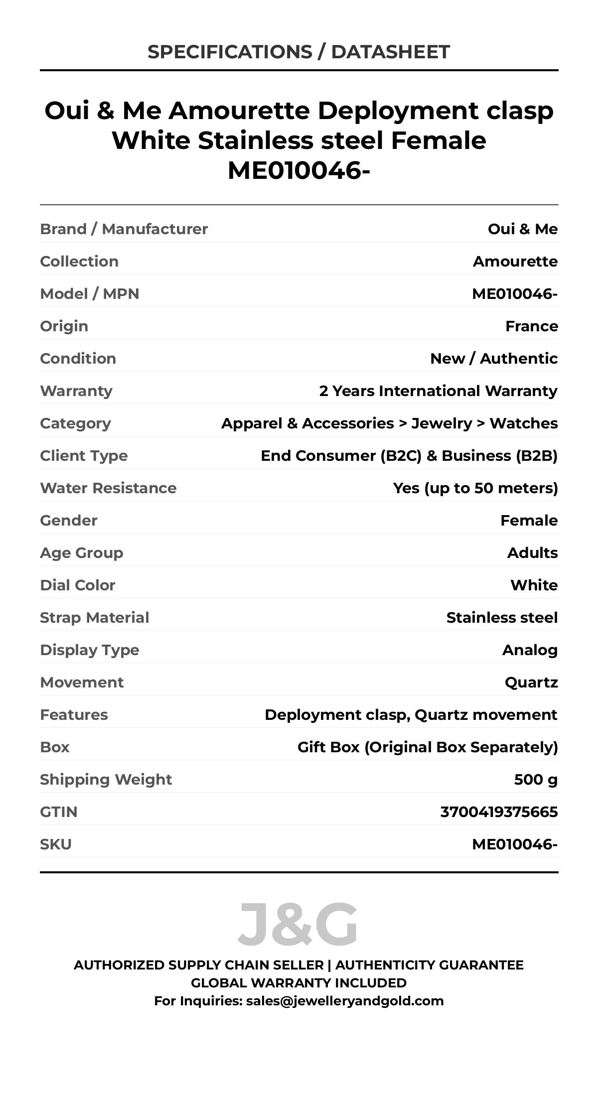 Oui & Me Amourette Deployment clasp White Stainless steel Female ME010046- - Specifications