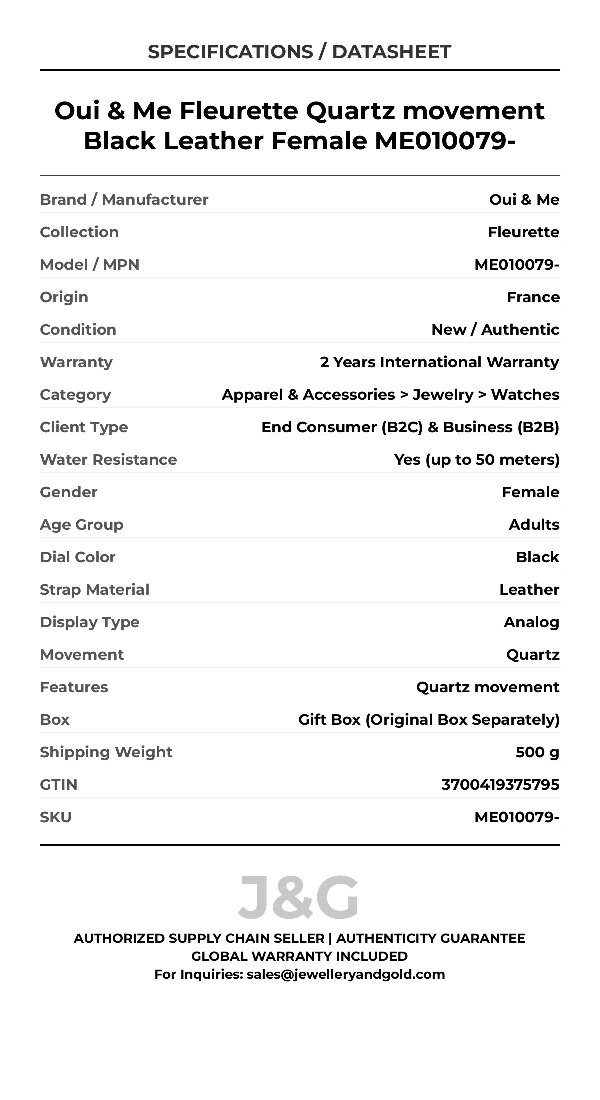 Oui & Me Fleurette Quartz movement Black Leather Female ME010079- - Specifications