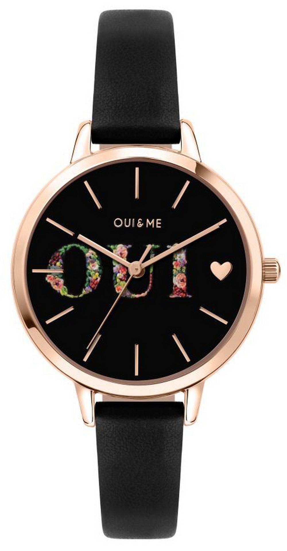 Oui & Me Fleurette Quartz movement Black Leather Female ME010079-. A brand-new Oui & Me Fleurette watch featuring a Black dial and a Leather strap. Side view.