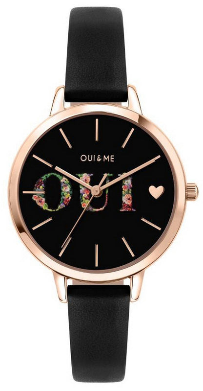 Oui & Me Fleurette Quartz movement Black Leather Female ME010079-. A brand-new Oui & Me Fleurette watch featuring a Black dial and a Leather strap. Side view.