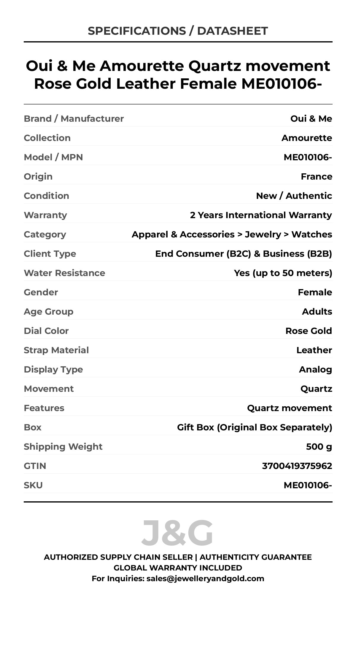 Oui & Me Amourette Quartz movement Rose Gold Leather Female ME010106- - Specifications