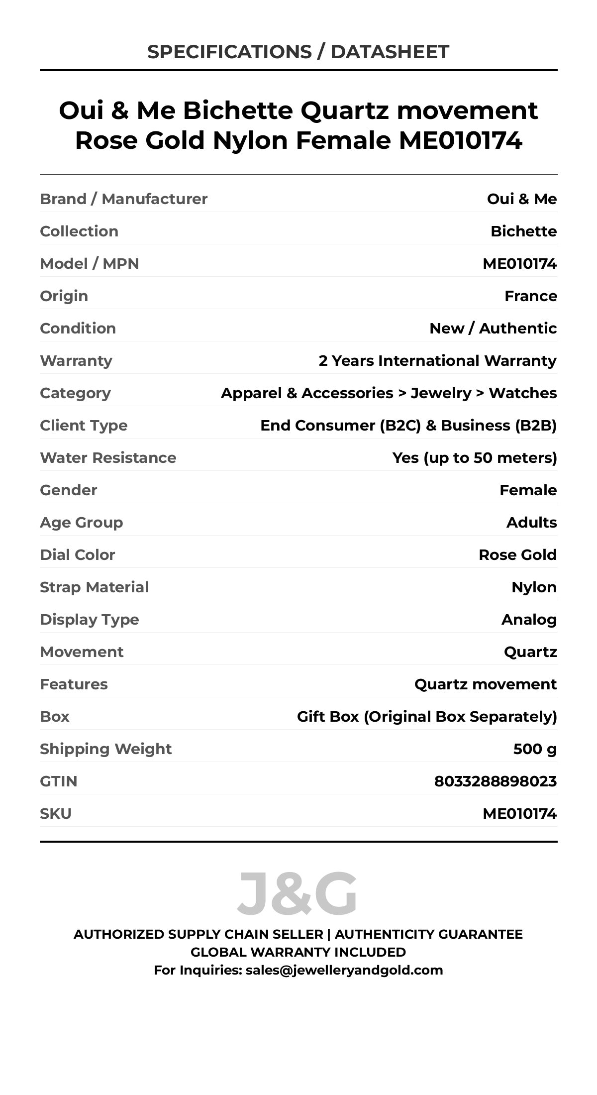 Oui & Me Bichette Quartz movement Rose Gold Nylon Female ME010174 - Specifications